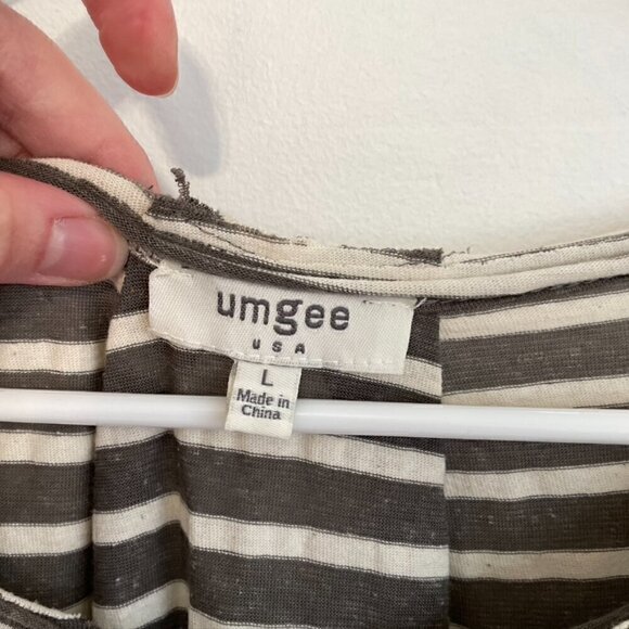 UMGEE Gray Cream Ivory Striped Short Sleeve Cotton Mini T-Shirt Dress / Tunic L - Picture 4 of 14